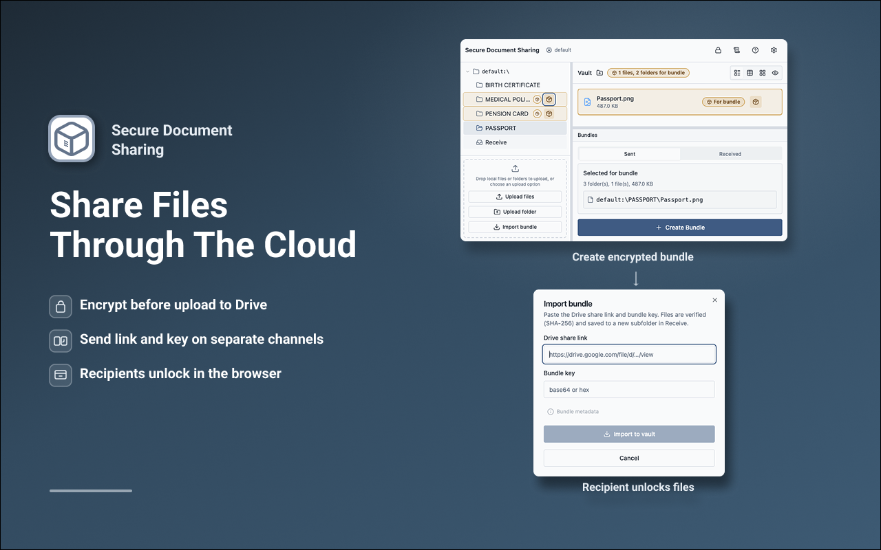 Secure Document Sharing: create bundle, share link and key separately, receiver unlocks in browser