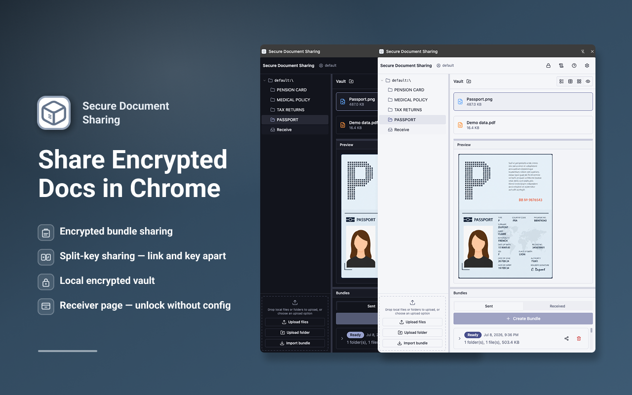 Secure Document Sharing side panel: encrypted vault with folders, files, and bundle tools in Chrome